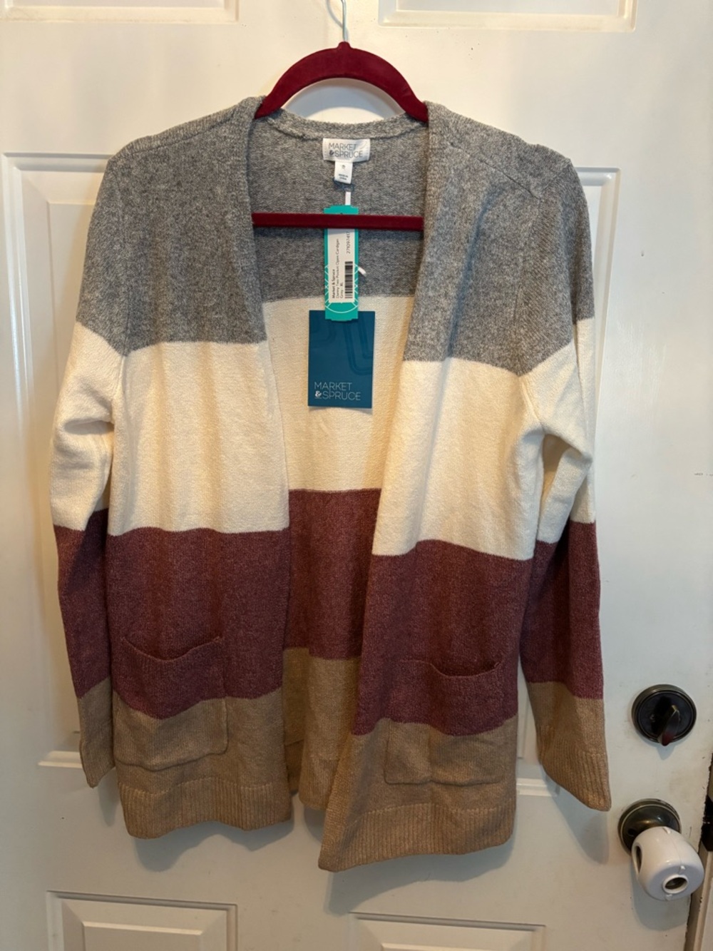 Market & Spruce Colorblock Open Cardigan in Gray, Cream & Rust-Tan